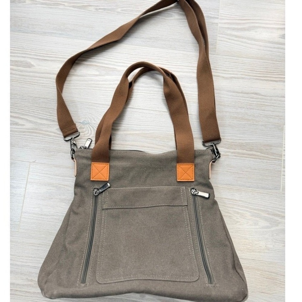 Unbranded Canvas Tote Bag Multi-Pocket Crossbody Large Gray Brown Excellent